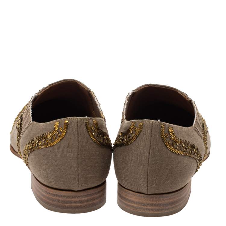 Pre Owned Christian Louboutin Beige Fabric Embellishments Paramount Slip On Oxfords Size 40.5
