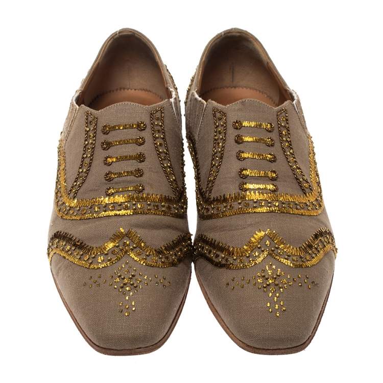 Pre Owned Christian Louboutin Beige Fabric Embellishments Paramount Slip On Oxfords Size 40.5