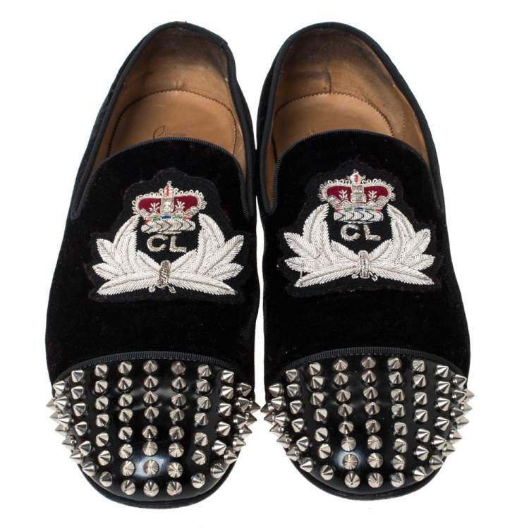 Pre Owned Christian Louboutin Black Velvet Harvanana Spiked Smoking Slippers Size 40