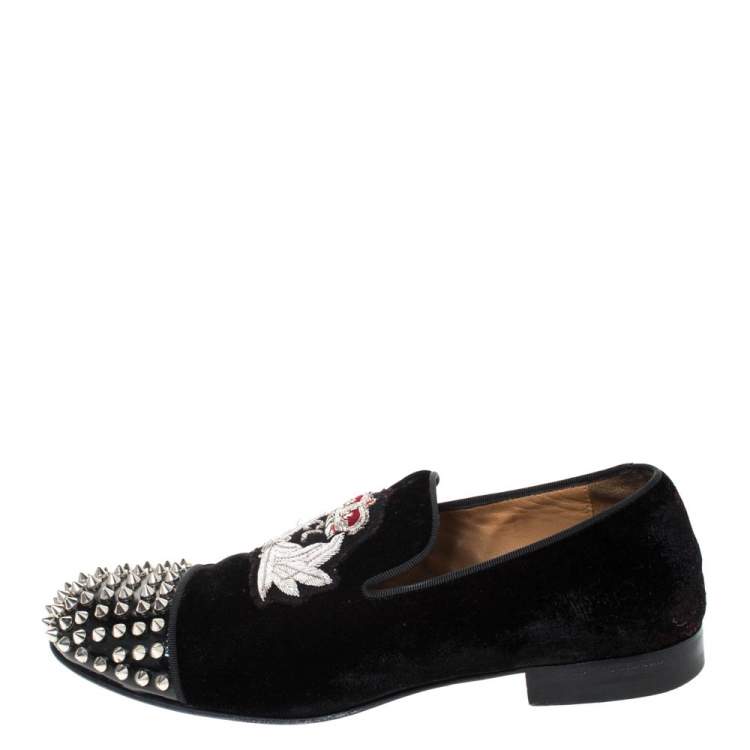 Pre Owned Christian Louboutin Black Velvet Harvanana Spiked Smoking Slippers Size 40