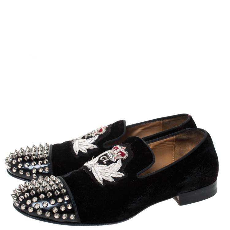 Pre Owned Christian Louboutin Black Velvet Harvanana Spiked Smoking Slippers Size 40