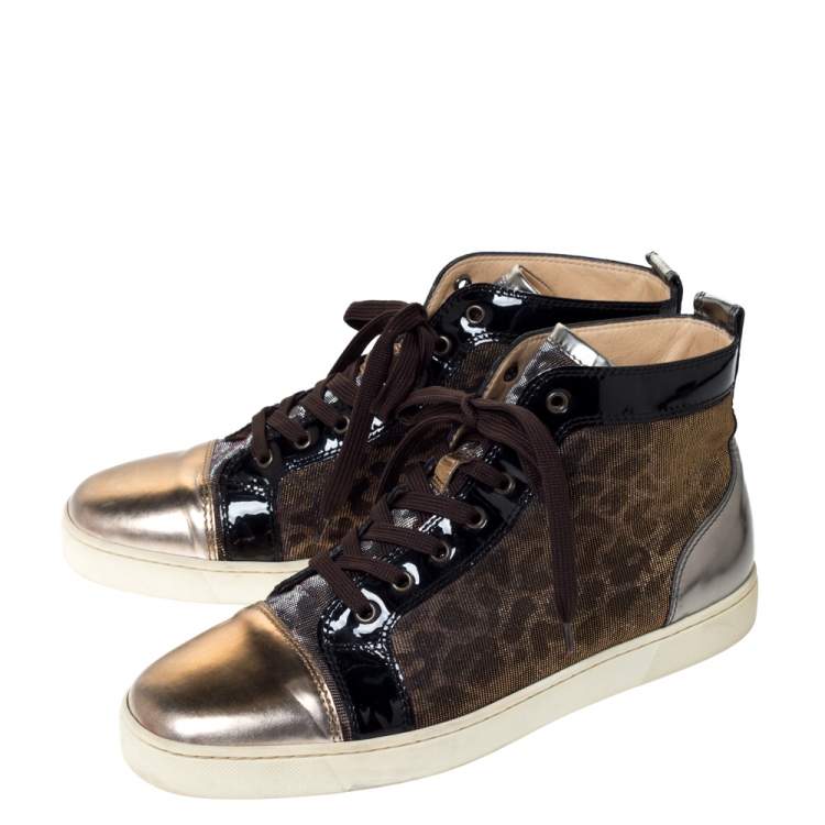 Pre Owned Christian Louboutin Metallic Bronze Leather and Leopard Lame Fabric Louis High Top Sneakers Size 45