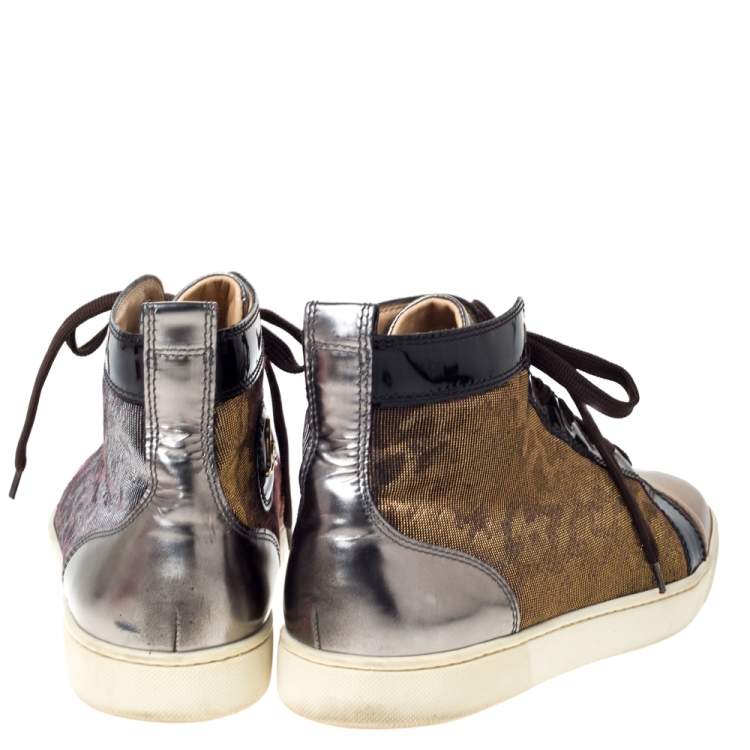 Pre Owned Christian Louboutin Metallic Bronze Leather and Leopard Lame Fabric Louis High Top Sneakers Size 45