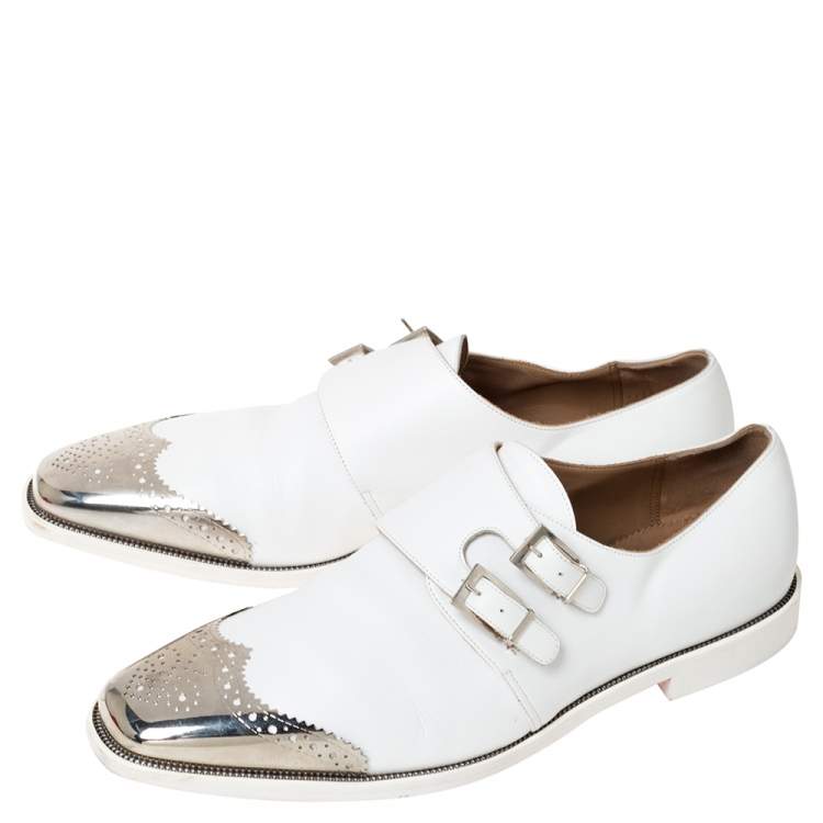 Pre Owned Christian Louboutin White Leather Vikram Double Monk Strap Loafers Size 45