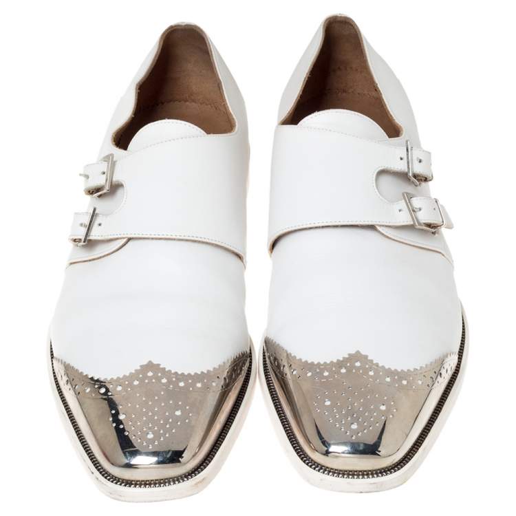 Pre Owned Christian Louboutin White Leather Vikram Double Monk Strap Loafers Size 45
