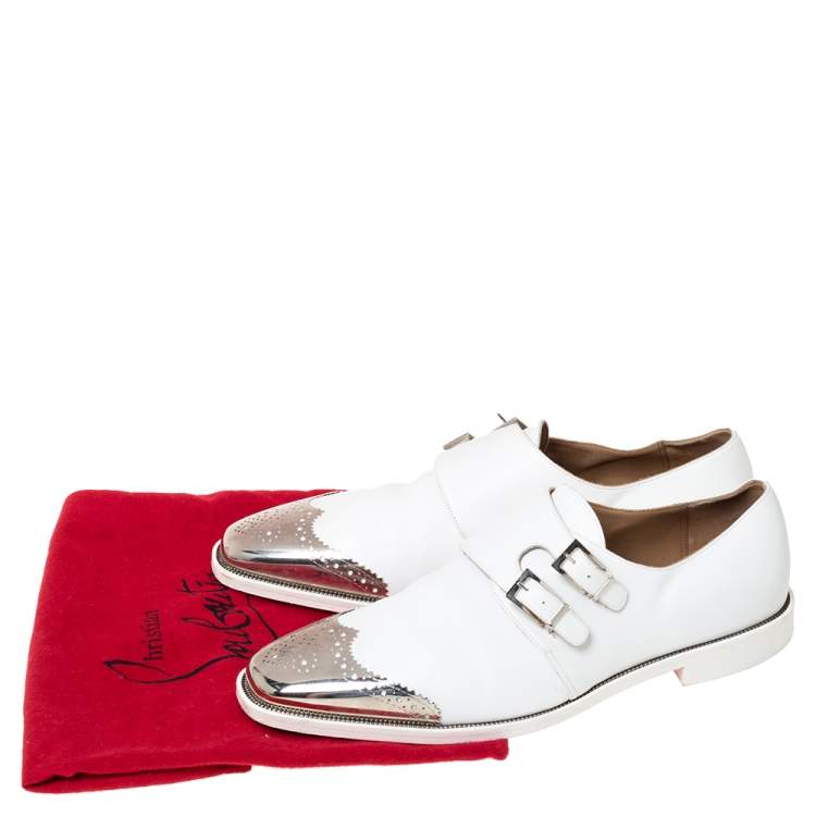 Pre Owned Christian Louboutin White Leather Vikram Double Monk Strap Loafers Size 45
