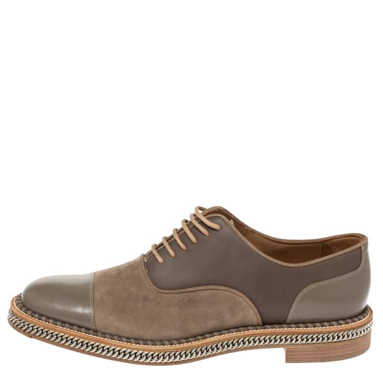 Pre Owned Christian Louboutin Grey Suede And Leather Chain Embellished Latcho Lace Up Oxfords Size 42