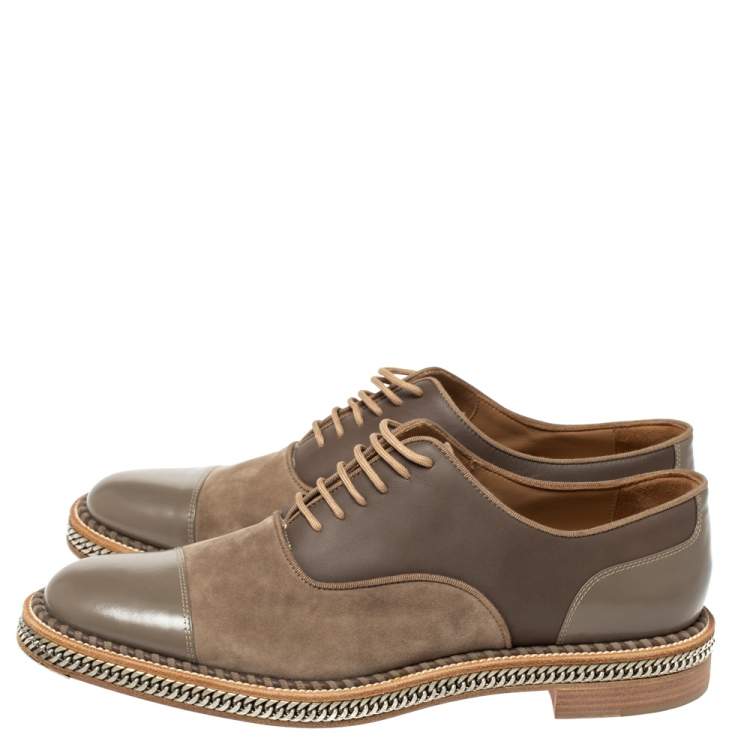 Pre Owned Christian Louboutin Grey Suede And Leather Chain Embellished Latcho Lace Up Oxfords Size 42
