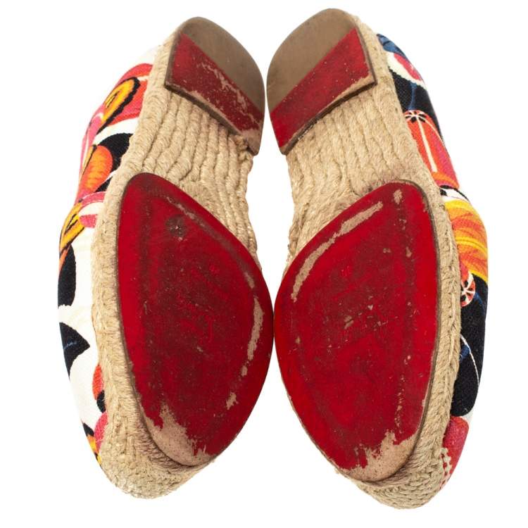 Pre Owned Christian Louboutin Multicolor Canvas Gala Embroidered Crest Espadrille Loafers Size 38