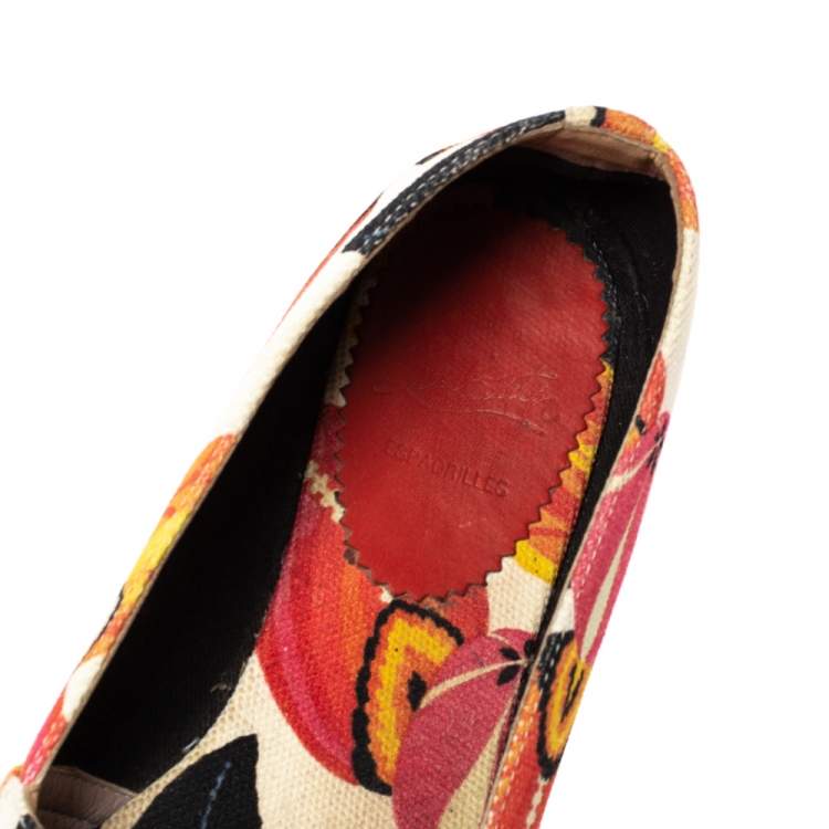 Pre Owned Christian Louboutin Multicolor Canvas Gala Embroidered Crest Espadrille Loafers Size 38