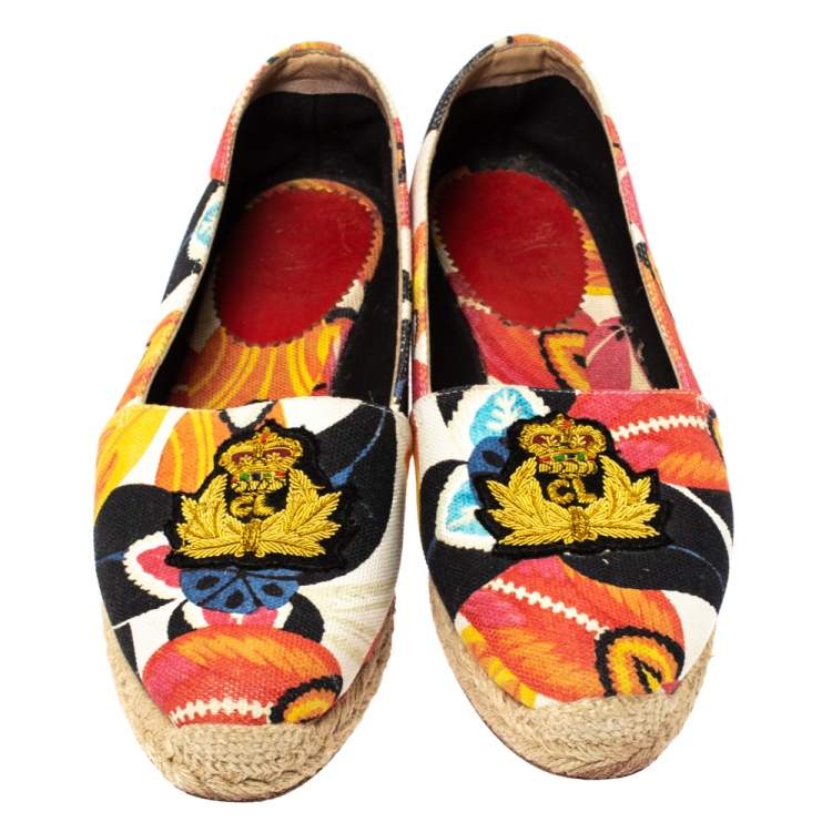 Pre Owned Christian Louboutin Multicolor Canvas Gala Embroidered Crest Espadrille Loafers Size 38