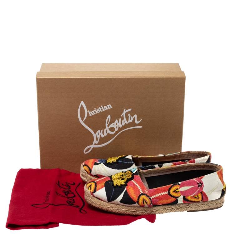 Pre Owned Christian Louboutin Multicolor Canvas Gala Embroidered Crest Espadrille Loafers Size 38