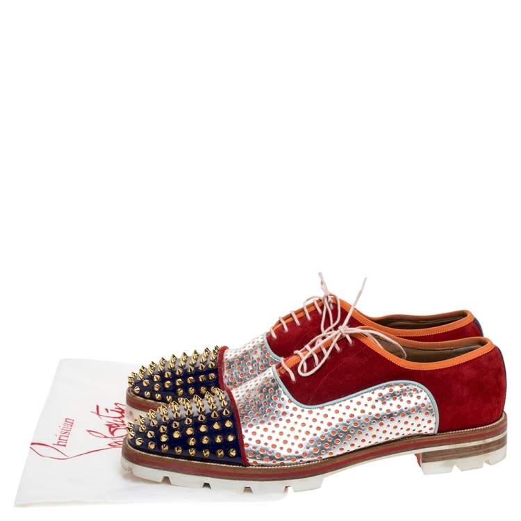 Pre Owned Christian Louboutin Multicolor Suede And Patent Leather Spike Toe Latcho Lace Up Oxfords Size 45
