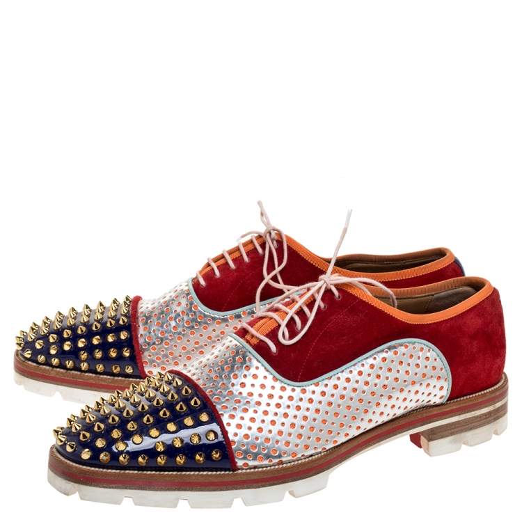 Pre Owned Christian Louboutin Multicolor Suede And Patent Leather Spike Toe Latcho Lace Up Oxfords Size 45