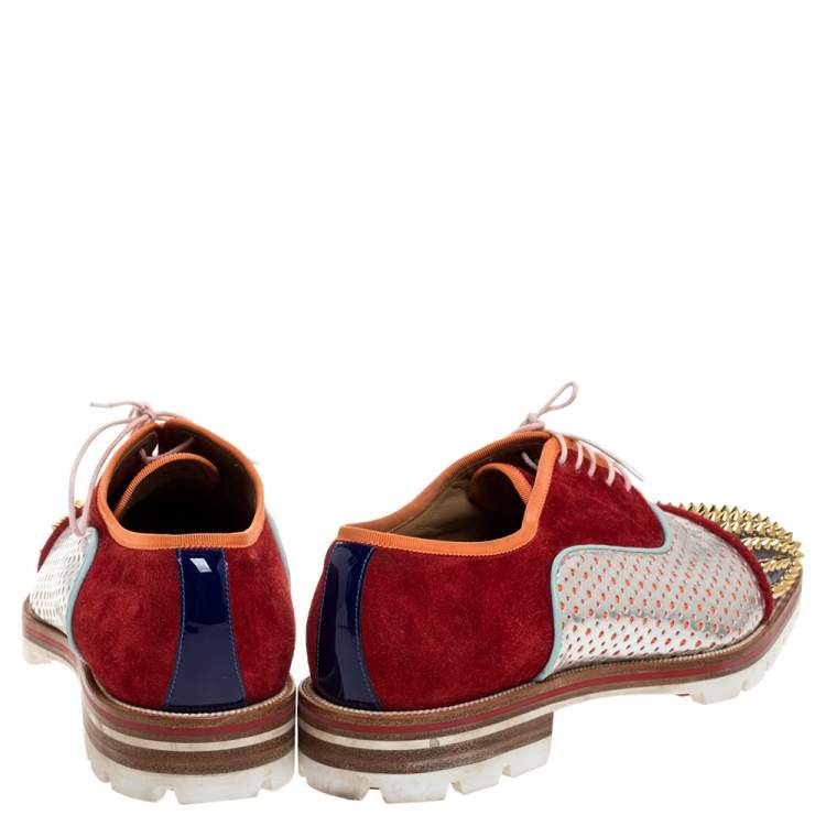 Pre Owned Christian Louboutin Multicolor Suede And Patent Leather Spike Toe Latcho Lace Up Oxfords Size 45