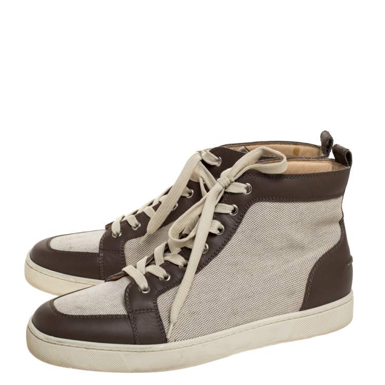 Pre Owned Christian Louboutin Grey/White Leather And Canvas Rantus Orlato High Top Sneakers Size 41.5