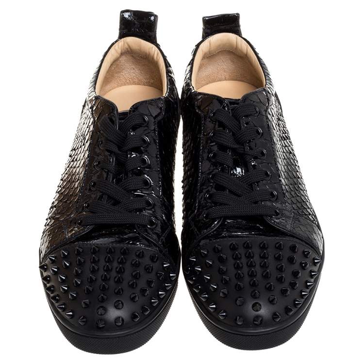 Pre Owned Christian Louboutin Black Shiny Python Louis Junior Spikes Sneakers Size 43.5