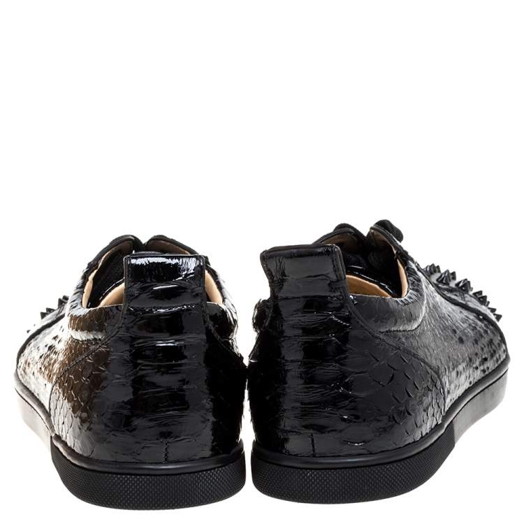 Pre Owned Christian Louboutin Black Shiny Python Louis Junior Spikes Sneakers Size 43.5