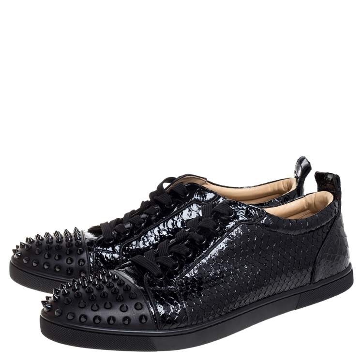 Pre Owned Christian Louboutin Black Shiny Python Louis Junior Spikes Sneakers Size 43.5