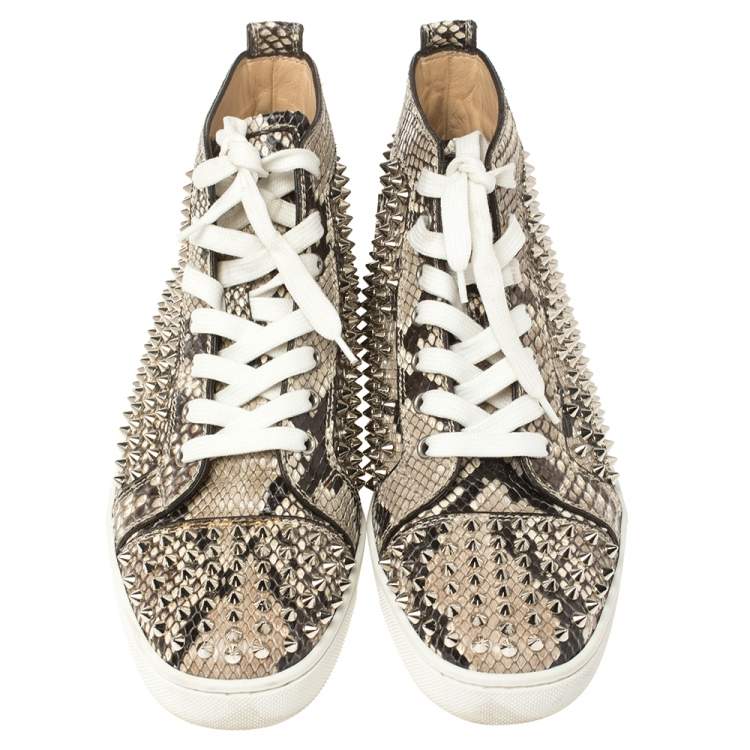 Pre Owned Christian Louboutin Beige Spike Python Louis High Top Sneakers Size 40.5