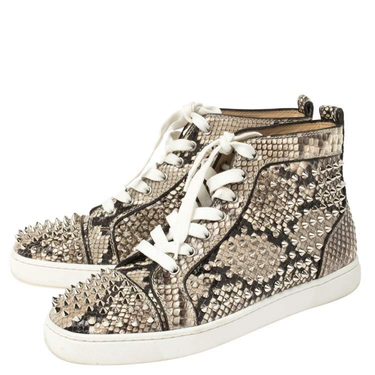 Pre Owned Christian Louboutin Beige Spike Python Louis High Top Sneakers Size 40.5