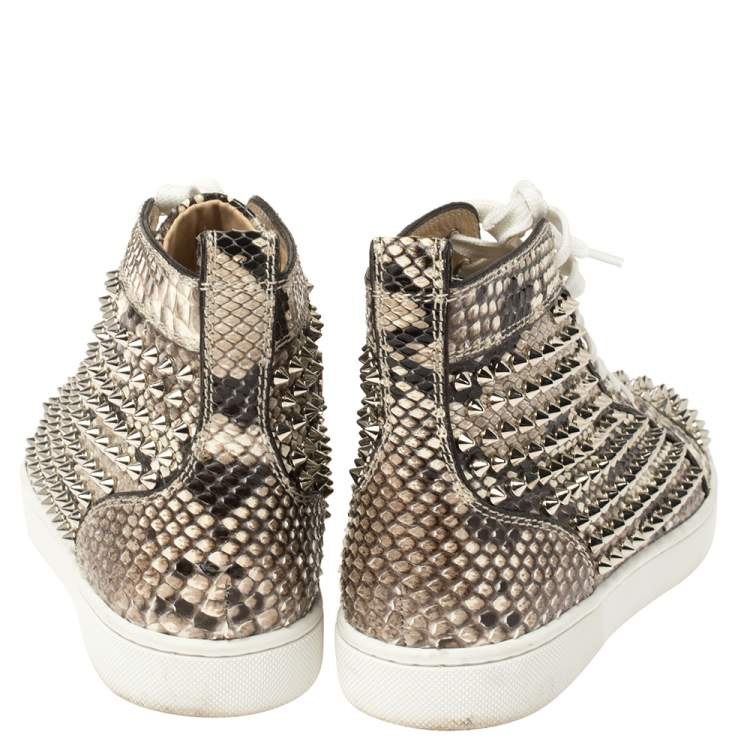 Pre Owned Christian Louboutin Beige Spike Python Louis High Top Sneakers Size 40.5