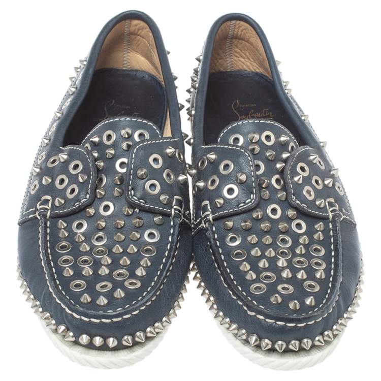 Pre Owned Christian Louboutin Blue Leather Yacht Spikes Loafers Size 41