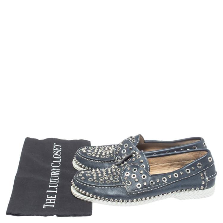 Pre Owned Christian Louboutin Blue Leather Yacht Spikes Loafers Size 41