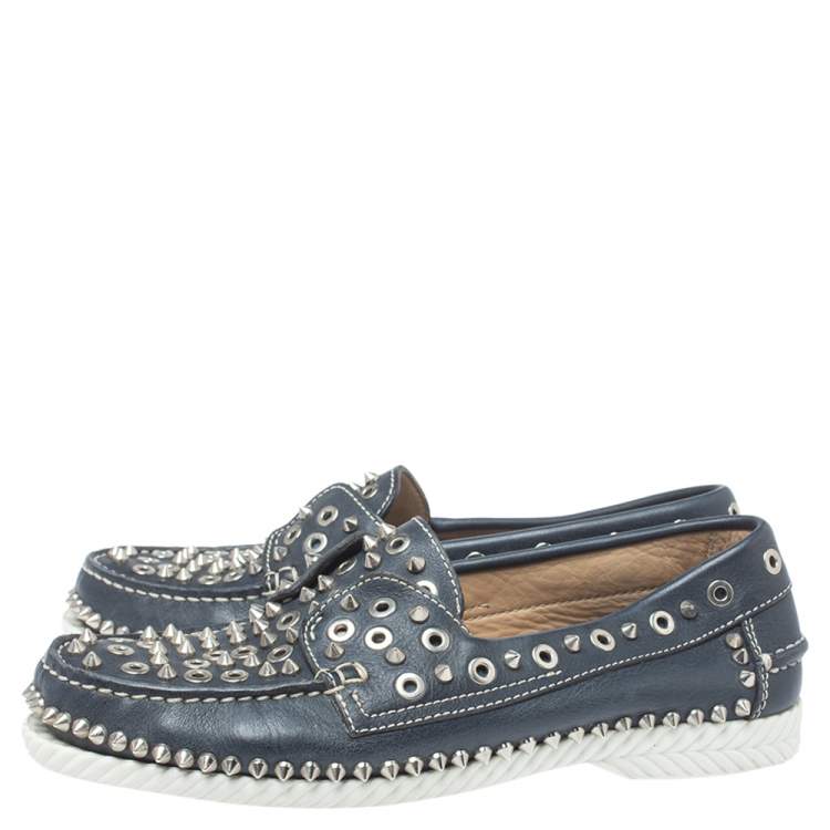 Pre Owned Christian Louboutin Blue Leather Yacht Spikes Loafers Size 41
