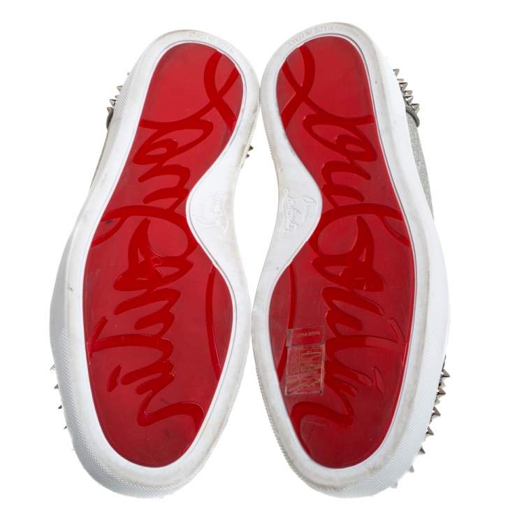 Pre Owned Christian Louboutin Metallic Silver Leather Vierissima Spikes Low Top Sneakers Size 39.5