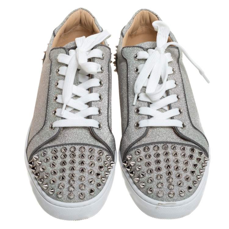 Pre Owned Christian Louboutin Metallic Silver Leather Vierissima Spikes Low Top Sneakers Size 39.5