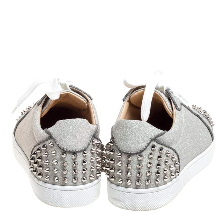 Pre Owned Christian Louboutin Metallic Silver Leather Vierissima Spikes Low Top Sneakers Size 39.5