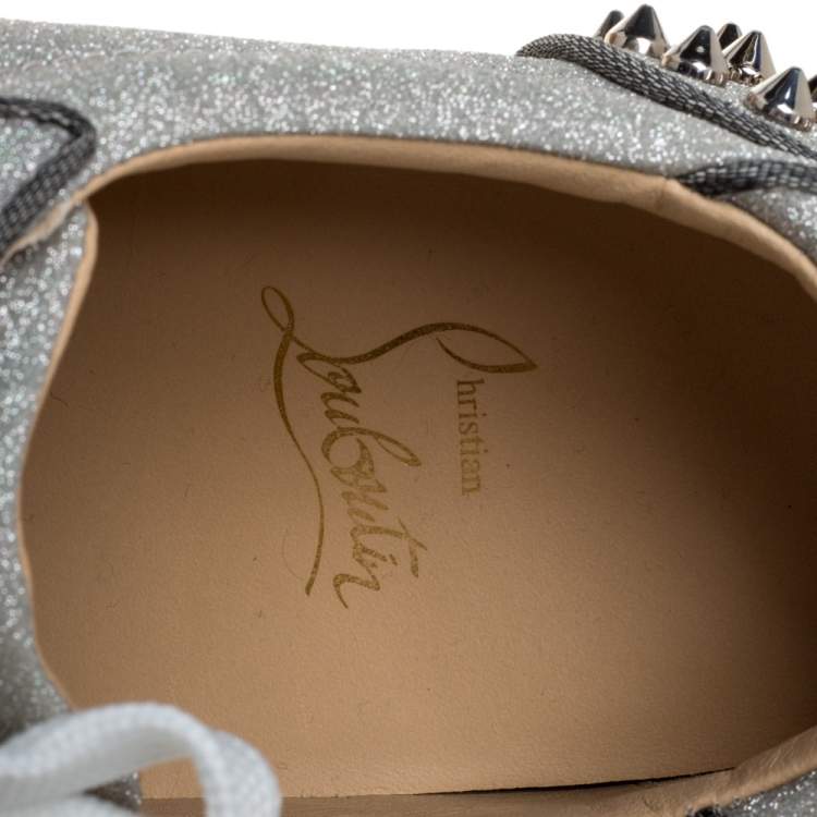 Pre Owned Christian Louboutin Metallic Silver Leather Vierissima Spikes Low Top Sneakers Size 39.5