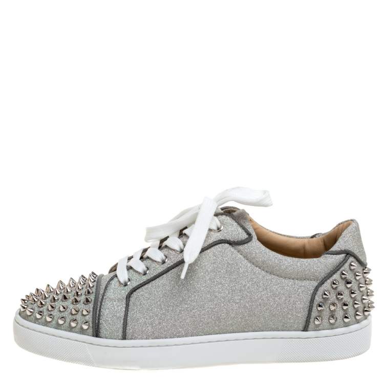 Pre Owned Christian Louboutin Metallic Silver Leather Vierissima Spikes Low Top Sneakers Size 39.5