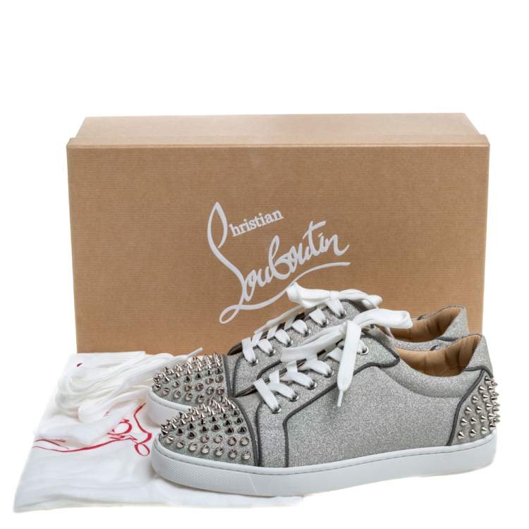Pre Owned Christian Louboutin Metallic Silver Leather Vierissima Spikes Low Top Sneakers Size 39.5