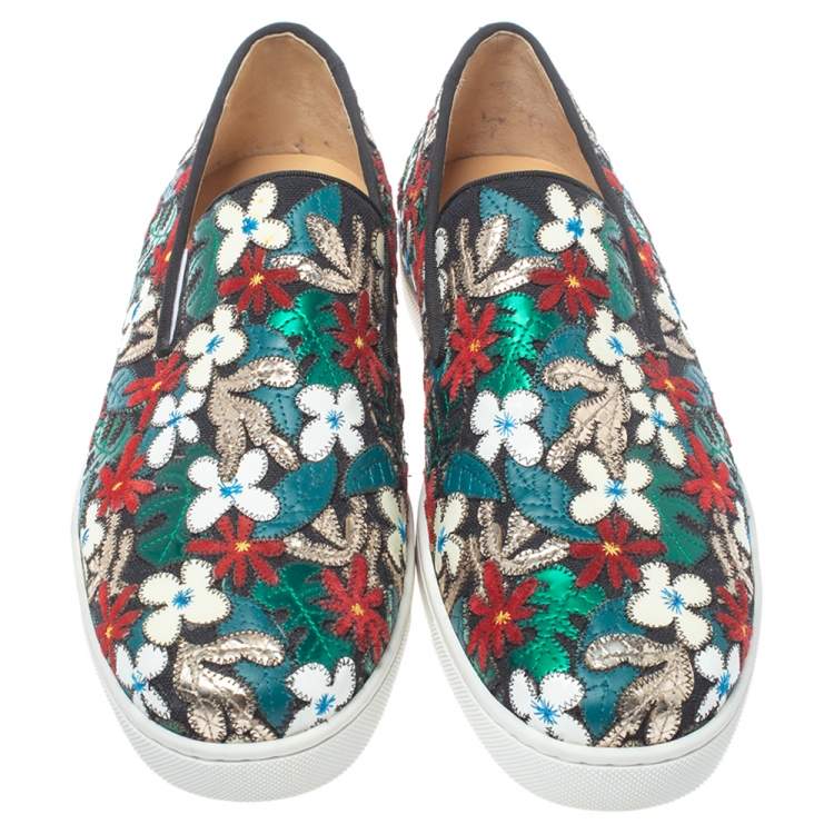 Pre Owned Christian Louboutin Multicolor Canvas And Patent Floral Applique Slip-on Sneakers Size 43