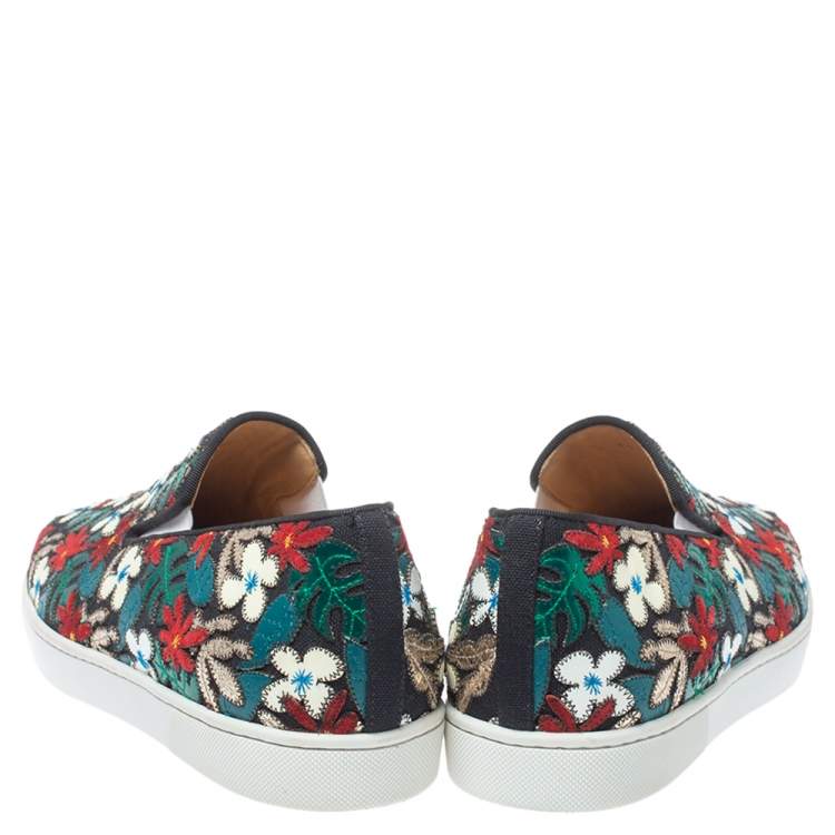 Pre Owned Christian Louboutin Multicolor Canvas And Patent Floral Applique Slip-on Sneakers Size 43
