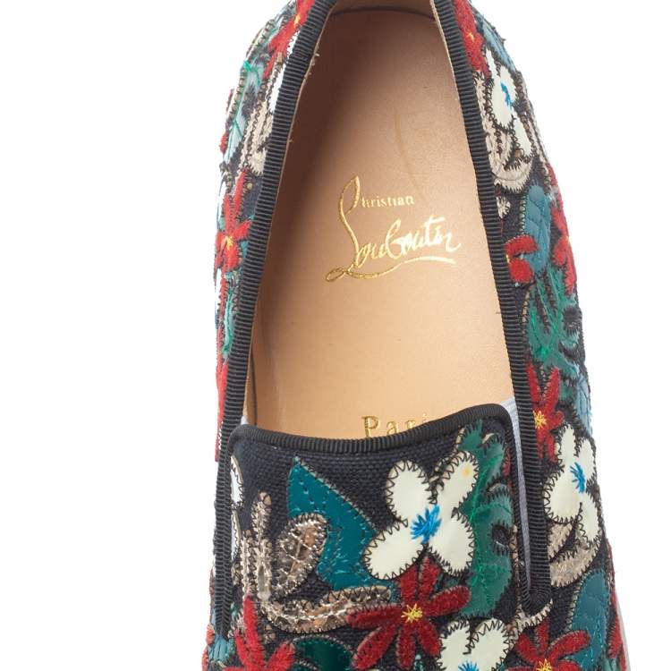 Pre Owned Christian Louboutin Multicolor Canvas And Patent Floral Applique Slip-on Sneakers Size 43