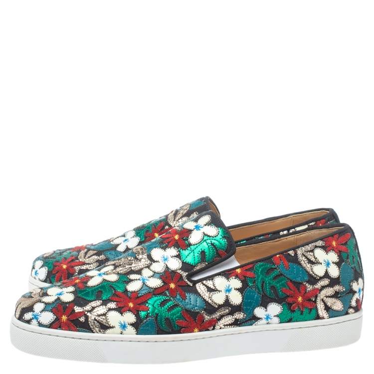 Pre Owned Christian Louboutin Multicolor Canvas And Patent Floral Applique Slip-on Sneakers Size 43