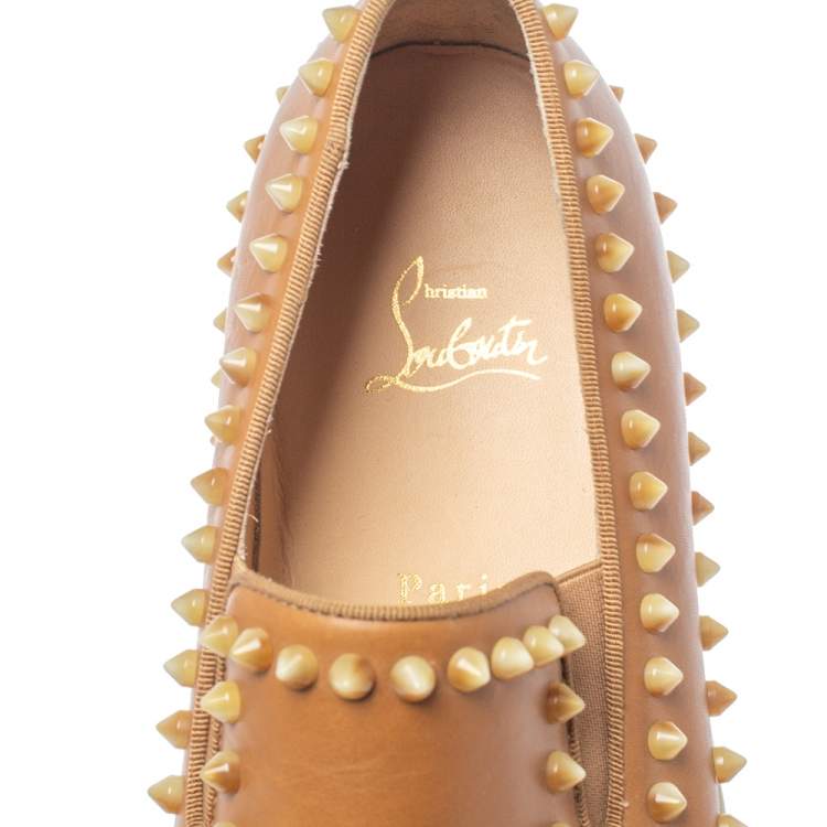 Pre Owned Christian Louboutin Brown Leather Spike Boat Slip On Sneaker Size 43