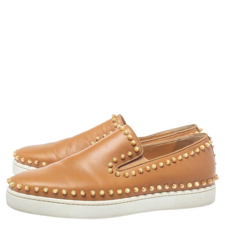 Pre Owned Christian Louboutin Brown Leather Spike Boat Slip On Sneaker Size 43