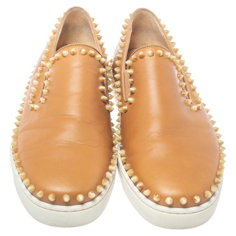 Pre Owned Christian Louboutin Brown Leather Spike Boat Slip On Sneaker Size 43