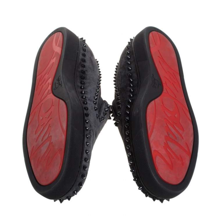 مملوكة مسبقًا Christian Louboutin Black Suede Spike Pik Boat Slip On Sneakers Size 46