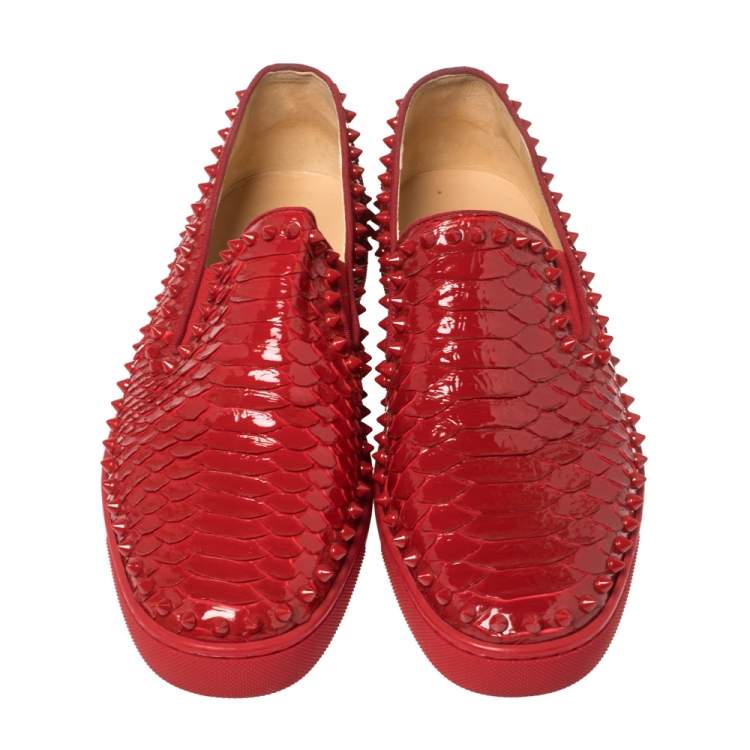 Pre Owned Christian Louboutin Red Python Roller Boat Spiked Slip On Sneakers Size 43