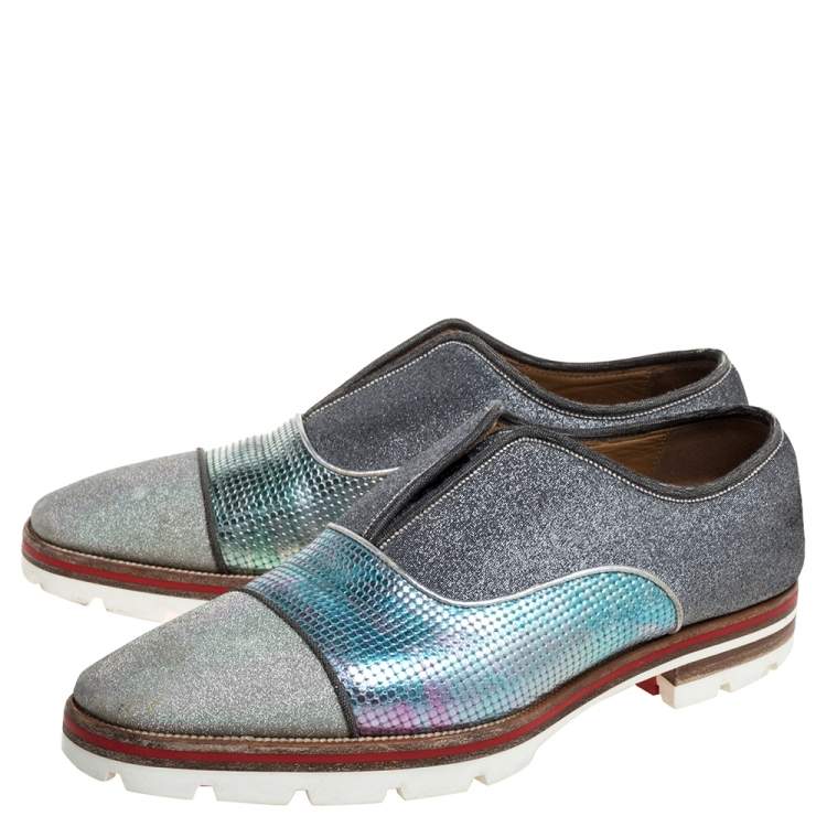 Pre Owned Christian Louboutin Multicolor Leather And Glitter Fabric Cap Toe Oxfords Size 42