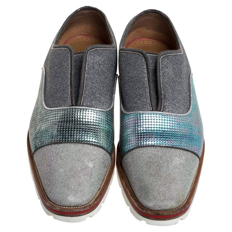 Pre Owned Christian Louboutin Multicolor Leather And Glitter Fabric Cap Toe Oxfords Size 42