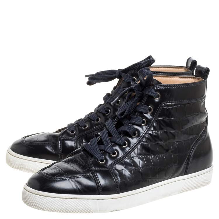 Pre Owned Christian Louboutin Black Croc Embossed Leather Rantus High Top Sneakers Size 43