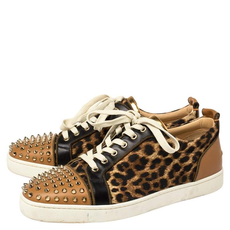 Pre Owned Christian Louboutin Brown Leather And Leopard Print Canvas Louis Junior Spikes Sneakers Size 45.5