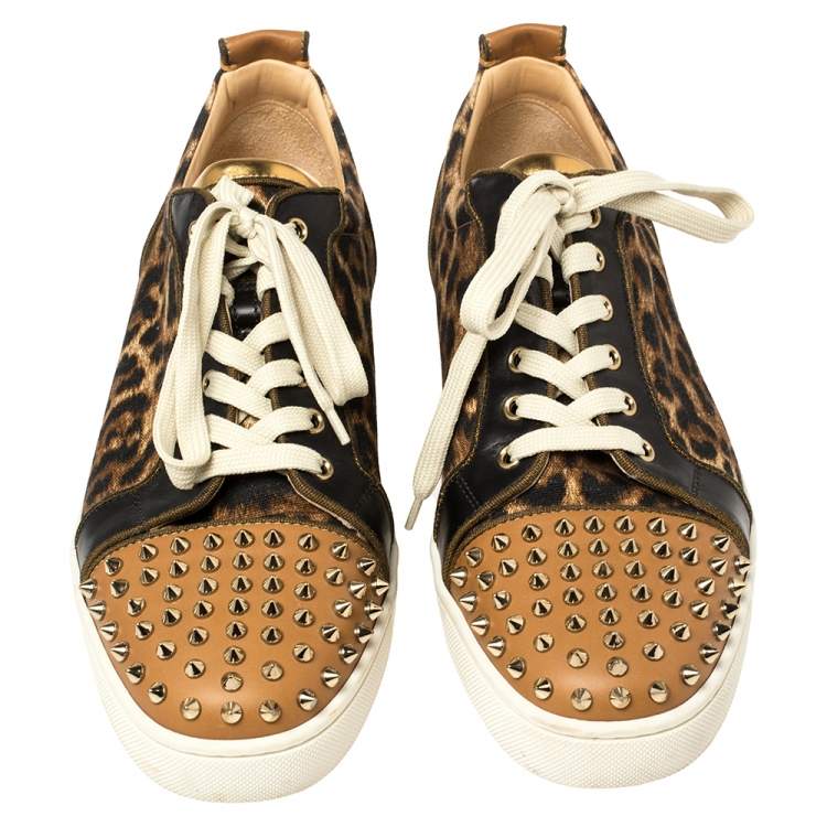 Pre Owned Christian Louboutin Brown Leather And Leopard Print Canvas Louis Junior Spikes Sneakers Size 45.5