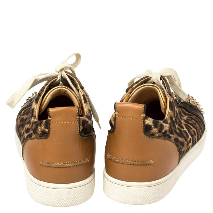 Pre Owned Christian Louboutin Brown Leather And Leopard Print Canvas Louis Junior Spikes Sneakers Size 45.5